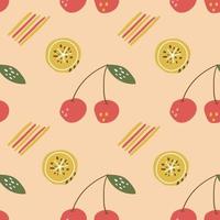 Seamless pattern of cute and modern cherry and slice of lemon on pink background. Flat illustration for print design. vector