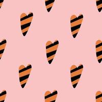 Seamless pattern of hand drawn orange hearts with black stripes on pink background for print design vector