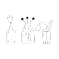 Set of line art drawing vases with flowers. vector