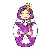 Russian doll Matrioshka icon in flat style isolated on white background. Modern cartoon matryoshka with crown. Design element for cards, posters, banner. Illustration. vector