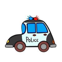 kids toy police car in cartoom style. Illustration for prints, backgrounds, wallpapers, covers, packaging, cards, posters, stickers, textile, other child designs. Isolated on white background. vector