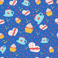 Lindo patrón sin costuras con cupcake de taza de té y caja de dulces ilustración vectorial plana vector