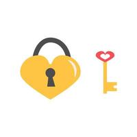 Cute heart shaped gold lock and key Flat vector illustration