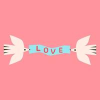 Cute birds hold a ribbon with the words LOVE Flat vector illustration