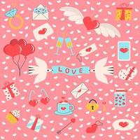 Set for Valentine s Day with different hearts elements Flat vector illustration