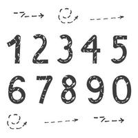 Doodle numbers with arrow texture, black and white font from mathematics, vector illustration