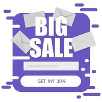 Vector template for email subscribe in purple on a white background. Big sale