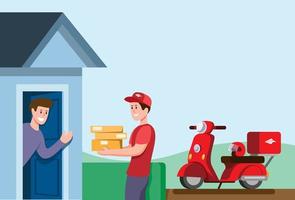 courier boy delivery package to customer using motorbike in cartoon flat illustration vector