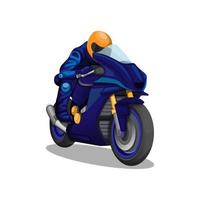 Motos de carreras deportivas a exceso de velocidad en concepto de carácter uniforme azul en vector de ilustración de dibujos animados sobre fondo blanco
