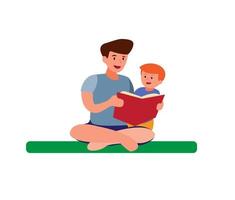 boy reading book with dad, parent story telling to children flat cartoon illustration background vector