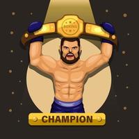 Campeón de boxeador, atleta de boxeo con concepto de cinturón de premio en vector de ilustración de dibujos animados