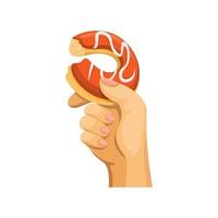 Hand hold bite donut in cartoon illustration vector isolated in white background