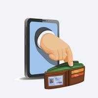 Hand take money on wallet from phone. internet scammer and financial concept in cartoon illustration vector isolated in white background