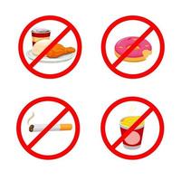 No junkfood and smoking for dieting and fasting activity symbol set. concept in cartoon illustration vector isolated in white background