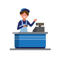 groceries woman cashier in uniform and apron stands behind cash desk ready to help customer. cartoon flat illustration vector isolated in white background