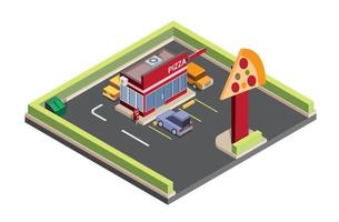 isometric illustration of pizza store with drive thru, car, icon, symbol, fast food, illustration