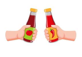 mano que sostiene la salsa de tomate y la botella de chile, tomate y salsa picante símbolo para la comida en el vector de ilustración plana de dibujos animados aislado en fondo blanco