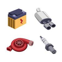 Conjunto de iconos de colección de piezas de componentes automotrices, pieza de repuesto de actualización de rendimiento de modificación en vector de ilustración de dibujos animados aislado sobre fondo blanco