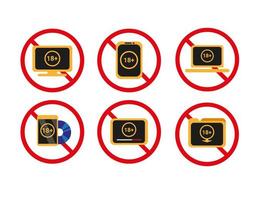 Stop disturbing content, porn or violence video on Pc, smartphone, cd and digital download collection icon set in flat illustration vector