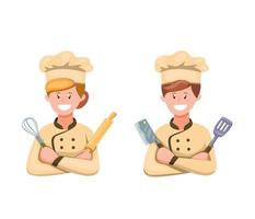 Chef Man and Woman in Uniform Ready To Cooking Symbol Icon Set in Cartoon illustration Vector on White Background