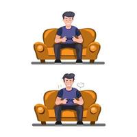 jugador con condición en forma y agotado. Hombre sentado en el sofá con la celebración de joystick jugando hasta que el icono cansado establece el concepto de ilustración vectorial sobre fondo blanco. vector