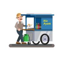 Man selling chicken noodle aka mie ayam is traditional street food from Indonesia concept in cartoon flat illustration vector