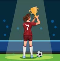 Jugador de fútbol femenino sosteniendo trofeo ganador celebración de campeón en vector de ilustración de dibujos animados