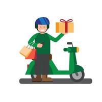 mensajero, hombre, con, motocicleta, proceso de llevar, paquete, regalo, y, compras, bolsa, tienda online, icono, plano, ilustración, vector