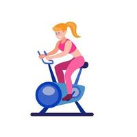 Chica montando bicicleta estacionaria en el gimnasio o en casa, vector de ilustración plana de dibujos animados aislado en fondo blanco
