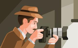 Detective espía escondido detrás de la ventana y captura una foto con una cámara digital en un vector de ilustración de dibujos animados