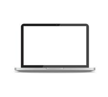 Realistic laptop in front view vector illustration isolated on white background. Computer notebook with webcam and empty screen mockup or template