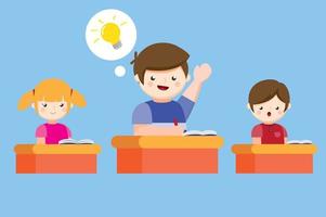 smart child hands up, ready to answer a question, idea, flat illustration vector