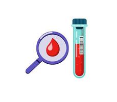 Lupa con tubo de análisis de sangre, examen médico en muestra de sangre del símbolo de infección por virus en vector de ilustración plana de dibujos animados aislado en fondo blanco