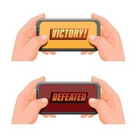 hand holding smartphone with victory and defeated pop up icon set, mobile gaming esport symbol in cartoon illustration vector