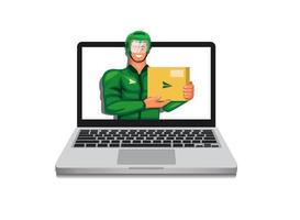 man in helmet and jacket holding package on laptop. Courier motorbike delivery service concept in cartoon illustration vector