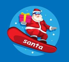 Santa montando snowboard para entregar regalo en vector de ilustración de temporada navideña