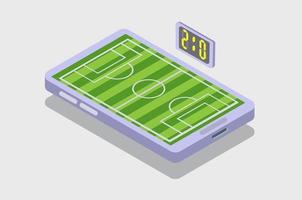 juego de fútbol para teléfonos inteligentes isométrico, puntaje en vivo, ilustración de fútbol, icono, vector de símbolo