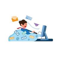 Trabajador de oficina lleno de sobres y correo electrónico que sale de la computadora, mensaje de bandeja de entrada lleno, símbolo de ilustración de correo no deseado en vector de estilo plano
