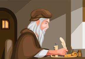 old man writing with feather pen in scroll paper biography history scene concept in cartoon illustration vector