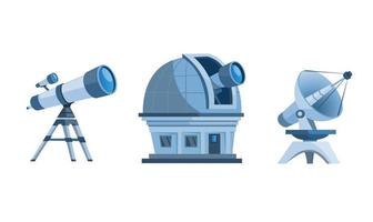 conjunto de equipos de descubrimiento de astronomía. vector de ilustración plana de dibujos animados de cúpula de observatorio, telescopio, planetario y antena parabólica aislado en fondo blanco