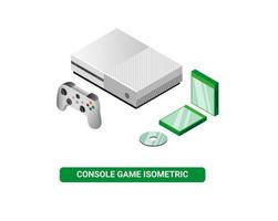 Game console device in white color with green cd case in isometric editable vector isolated in white background