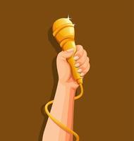 Hand holding golden microphone. singer musical symbol concept in cartoon illustration vector