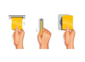 Hand using credit or debit card instruction, tap and slide gesture symbol set cartoon illustration vector