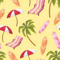 beach equipment loungers, palm tree, board, umbrella, seamless pattern vector