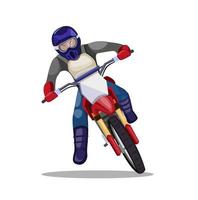 Hombre montando motocross dirt bike, corredor de motos en curvas en vector de ilustración plana de dibujos animados aislado en fondo blanco
