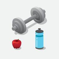 fitness gym equipment dumbbell, tumbler, and apple isometric flat illustration vector