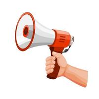 Hand holding Megaphone, Demonstrator Oration and Shouting using Loadspeaker Symbol in cartoon illustration vector isolated in white background