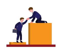two man office worker teamwork over obstacle, leadership, partnership or competitor business in cartoon flat illustration vector