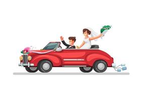 Bride on retro convertible car just married couple. wedding car symbol in cartoon illustration vector on white background