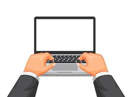 Hand typing on laptop, working or study using computer symbol concept in cartoon illustration vector isolated in white background